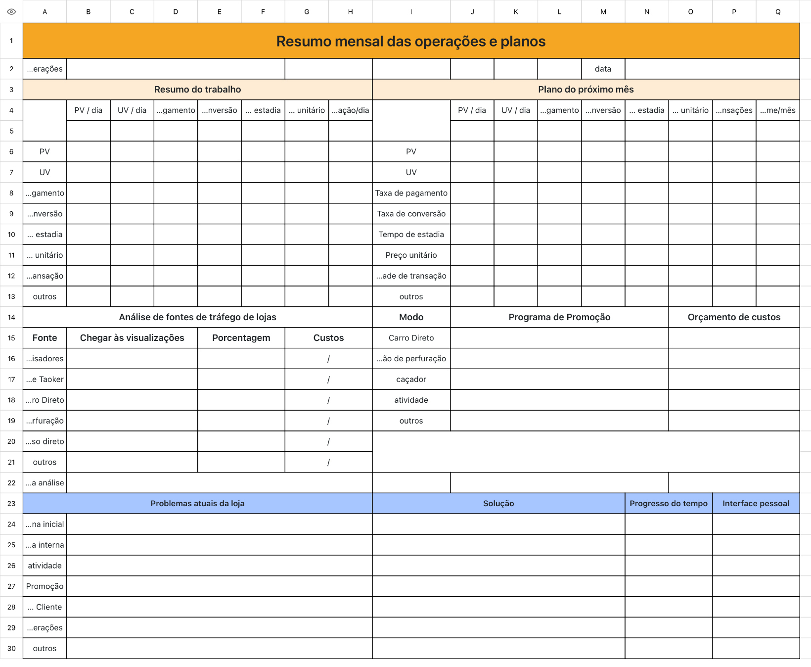 Plano mensal de resumo operacional